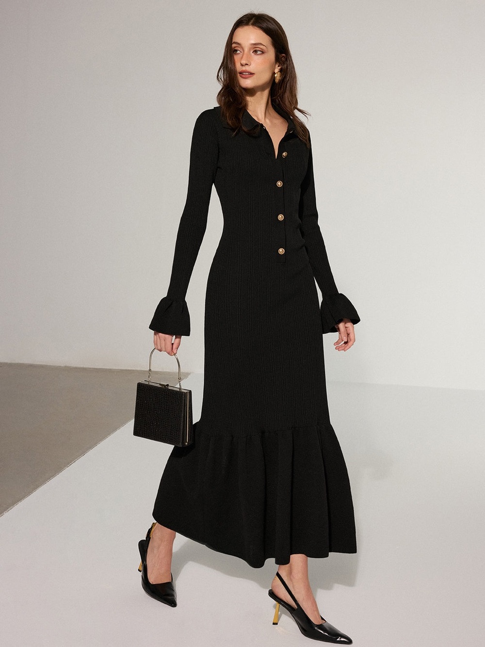 Commense Mermaid Hem Collared Knit Maxi Dress in Black - Size XL